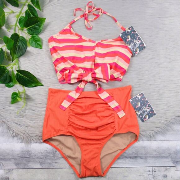 KORTNI JEANE Tied-Up Top & Ribbed Ruched Bottoms Swimsuit Bikini Set Small NEW - Picture 1 of 13